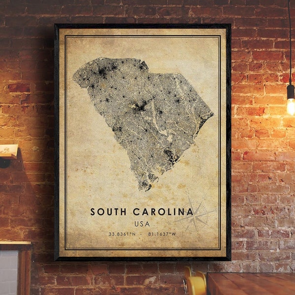 South Carolina Map Print | South Carolina Map | USA Map Art | South Carolina City Road Map Poster | Vintage Gift Map