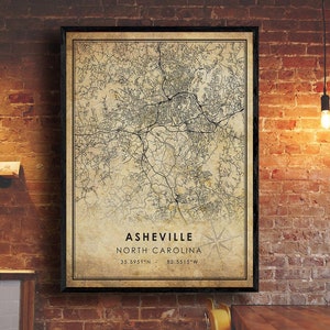 Asheville Vintage Map Print | Asheville Map | Asheville North Carolina City Road Map Poster Canvas