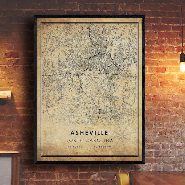 Asheville Vintage Map Print | Asheville Map | Asheville North Carolina City Road Map Poster Canvas