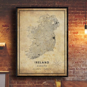 Irlande vintage Carte Imprimer | Carte de l'Europe de l'Irlande | Affiche de carte routière de la ville d'irlande, toile