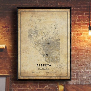 May include: A vintage-style map of Alberta, Canada, with a compass rose and the coordinates 53.9333°N, 116.5765°W. The map is printed on a beige background with a distressed texture.