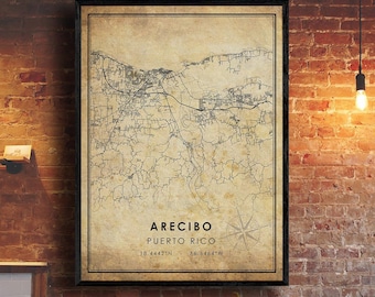 Arecibo Vintage Map Print | Arecibo Map | Puerto Rico Map Art | Arecibo Puerto Rico City Road Map Poster | Vintage Gift Map