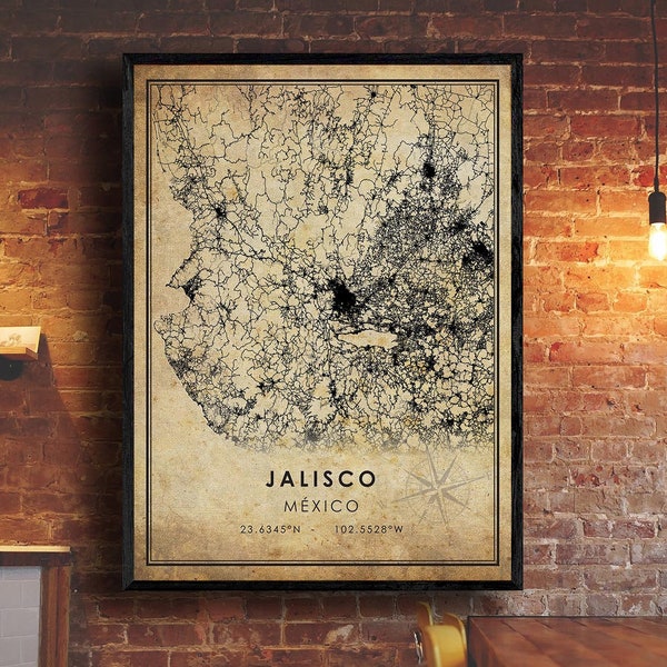 Jalisco Vintage Map Print | Jalisco Mexico Map Art | Jalisco City Road Map Poster | Vintage Gift Map