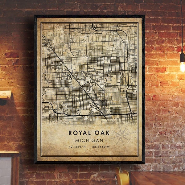 Royal Oak  Vintage Map Print | Royal Oak Map | Michigan Map Art | Royal Oak West City Road Map Poster | Vintage Gift Map