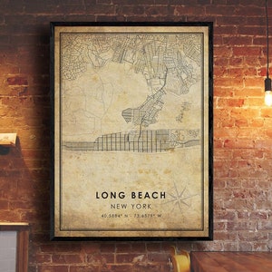 Impression de carte vintage de Long Beach | Carte de Long Beach | Art de la carte de New York | Affiche de la carte routière de la ville de Long Beach | ancien