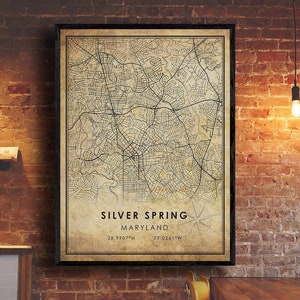 Impression de la carte du printemps d’argent | Carte du printemps d’argent | Art de la carte du Maryland | Affiche de la carte routière de la ville de Silver Spring | carte cadeau vintage