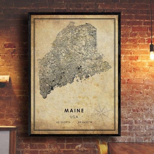 Maine Vintage Map Print | Maine Map | USA Map Art | Maine City Road Map Poster | Vintage Gift Map