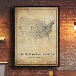 Impression de carte vintage des États-Unis | Carte des États-Unis | Carte des États-Unis | Affiche de la carte routière de la ville des États-Unis | carte cadeau vintage