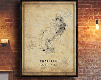 Pakistan Map Print | Pakistan Map | Asia Map Art | Pakistan City Road Map Poster | Vintage Gift Map