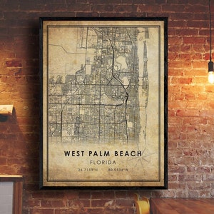 Impression de carte de West Palm Beach | Carte de West Palm Beach | Art de la carte de Floride | Affiche de la carte routière de West Palm Beach | carte cadeau vintage