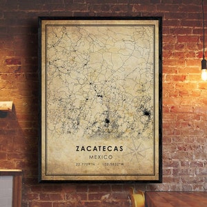 Impresión de mapas de Zacatecas / Mapa de Zacatecas / Arte del mapa de México / Cartel del mapa de carreteras de la ciudad de Zacatecas / Mapa de regalo vintage