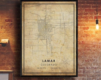 Lamar Vintage Map Print | Lamar Map | Colorado Map Art | Lamar City Road Map Poster | Vintage Gift Map