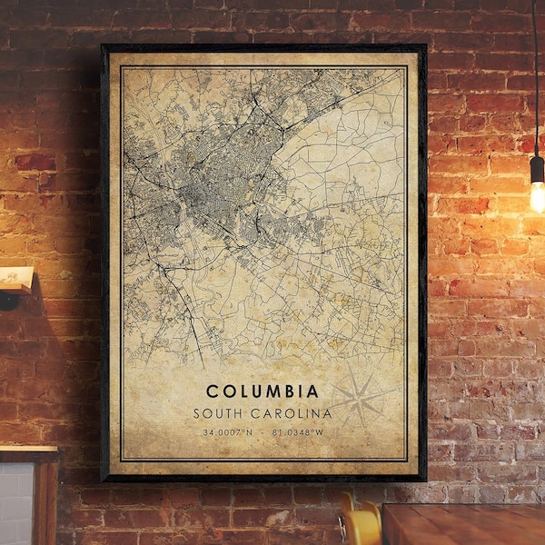 Columbia Vintage Map Print | Columbia South Carolina | Columbia City Road Map Poster Canvas