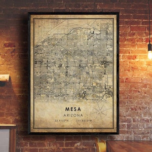 Mesa vintage Carte Imprimer | Carte Mesa | Art de la carte de l’Arizona | Affiche de la carte routière de la ville de Mesa | carte cadeau vintage