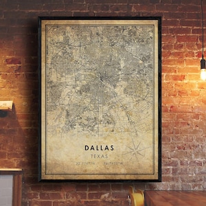 Dallas Vintage Map Print | Dallas Map | Texas Map Art | Dallas City Road Map Poster | Vintage Gift Map