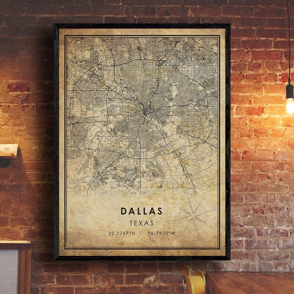 Dallas Vintage Map Print | Dallas Map | Texas Map Art | Dallas City Road Map Poster | Vintage Gift Map