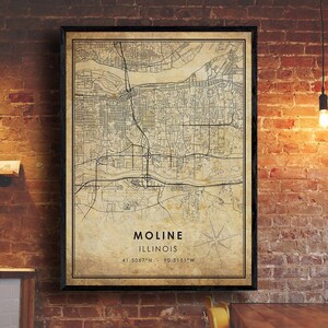 Impression de carte vintage Moline | Carte de Moline | Art de la carte de l’Illinois | Affiche de la carte routière de la ville de Moline | carte cadeau vintage