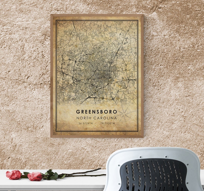 Greensboro North Carolina Map Greensboro City Road Map Poster Canvas Greensboro Vintage Map Print