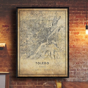 Impression de carte de Tolède | Carte de Tolède | Ohio Carte Art | Affiche de la carte routière de la ville de Tolède | carte cadeau vintage