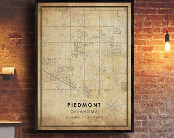 Piedmont Map Print | Piedmont Map | Oklahoma Map Art | Piedmont City Road Map Poster | Vintage Gift Map