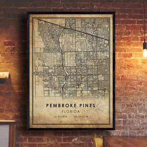 Impression de carte des pins de Pembroke | Carte des pins de Pembroke | Art de la carte de Floride | Affiche de carte routière de la ville de Pembroke Pines | carte cadeau vintage