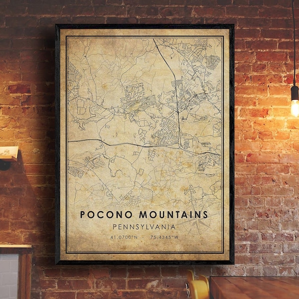 Pocono Mountains Map Print | Pocono Mountains Map | Pennsylvania Map Art | Pocono Mountains City Road Map Poster | Vintage Gift Map