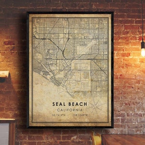 Impression de carte de plage de phoque | Carte de Seal Beach | Art de la carte de la Californie | Affiche de carte routière de la ville de Seal Beach | Carte de cadeau vintage