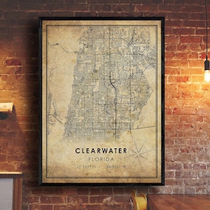 Impression de la carte de Clearwater | Carte de Clearwater | Art de la carte de Floride | Affiche de la carte routière de la ville de Clearwater | carte cadeau vintage