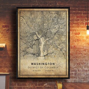 Impression de carte de Washington | Carte de Washington | District de Columbia Carte Art | Affiche de la carte routière de la ville de Washington | ancien