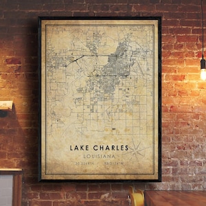 Impression de carte de Lake Charles | Carte du lac Charles | Louisiane Carte Art | Affiche de la carte routière de la ville de Lake Charles | carte cadeau vintage