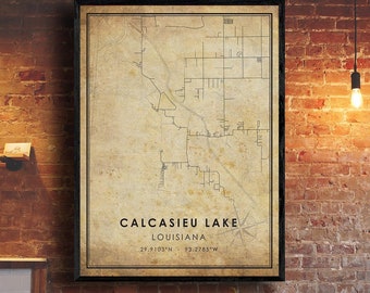 Calcasieu Lake Vintage Map Print | Louisiana Map | Louisiana Map Art | Calcasieu Lake City Road Map Poster | Vintage Gift Map