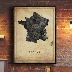 Impression de carte de France | Carte de France | France Carte Art | Affiche de carte routière de la ville de France | carte cadeau vintage