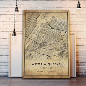 May include: A vintage-style map of Astoria, Queens, New York City. The map is printed on a beige background with black lines and text. The text at the bottom reads "Astoria Queens, New York, 40.7644&deg;N - 73.9235&deg;W".