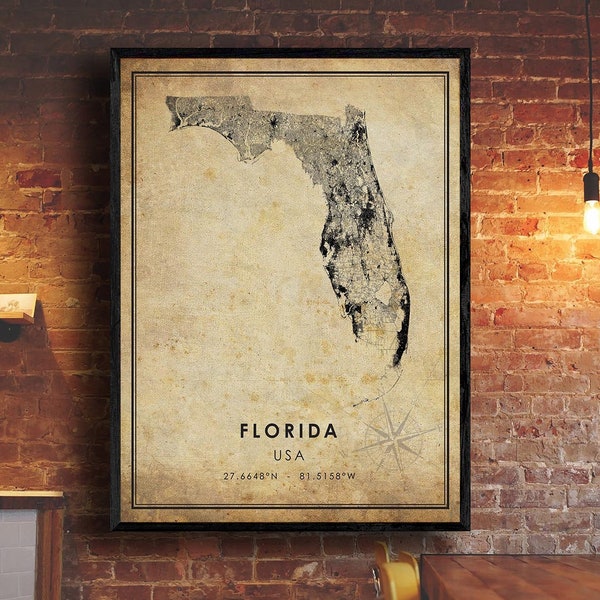 Florida Vintage Map Print | Florida Map | State Map Art | Florida City Road Map Poster | Vintage Gift Map
