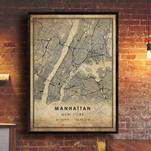 Impression de carte de Manhattan | Carte de Manhattan | Carte de New York | Affiche de la carte routière de la ville de Manhattan | carte cadeau vintage