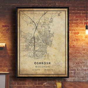 May include: A vintage-style map print of Oshkosh, Wisconsin. The map is in black and white and features a compass rose and the coordinates 44.0247°N, 88.5426°W.