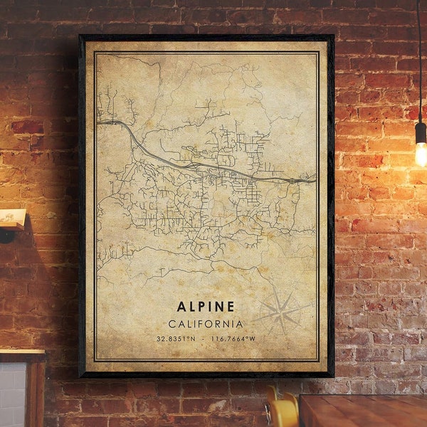 Alpine California Vintage Map Print | Alpine Map | California  Map Art |Alpine City Road Map Poster | Vintage Gift Map