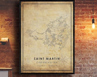 Saint Martin Vintage Map Print | Saint Martin Map | Saint Martin Map Art | Saint Martin City Road Map Poster | Vintage Map Gift