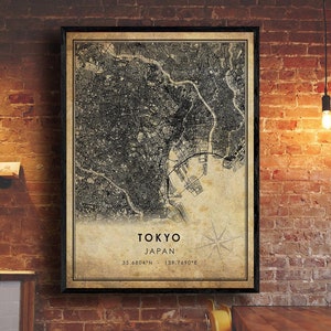 Impression de carte de Tokyo | Carte de Tokyo | Japon Carte Art | Affiche de la carte routière de la ville de Tokyo | carte cadeau vintage