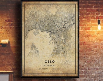 Oslo Vintage Map Print | Oslo Map | Norway Map Art | Oslo City Road Map Poster | Vintage Gift Map