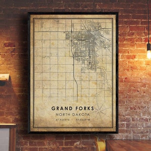 Grand Forks Vintage Map Print | Grand Forks North Dakota Map | Grand Forks City Road Map Poster Canvas