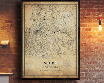 Sucre Map Print | Sucre Map | Sucre Colombia Map Art | Sucre City Road Map Poster | Vintage Gift Map