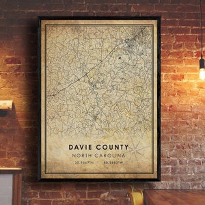 Impression de carte du comté de Davie | Carte du comté de Davie | Caroline du Nord Carte Art | Affiche de carte routière de la ville du comté de Davie | carte cadeau vintage