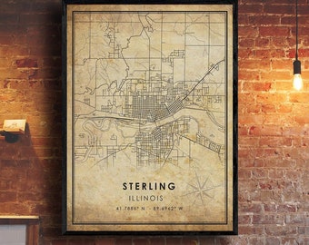 Sterling Map Print | Sterling Map | Illinois Map Art | Sterling City Road Map Poster | Vintage Gift Map