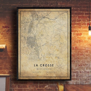 Impression de carte de La Crosse | La Crosse : carte | Wisconsin Carte Art | Affiche de la carte routière de la ville de La Crosse | carte cadeau vintage