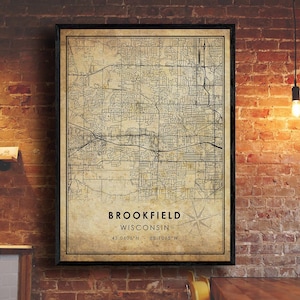 Impression de carte vintage de Brookfield | Carte du Wisconsin | Wisconsin Carte Art | Affiche de la carte routière de la ville de Brookfield | carte cadeau vintage