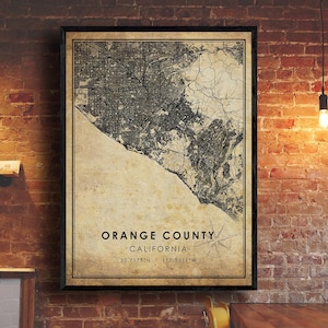 Impression de carte du comté d’Orange | Carte du comté d’Orange | Californie Carte Art | Affiche de carte routière de la ville du comté d’Orange | carte cadeau vintage