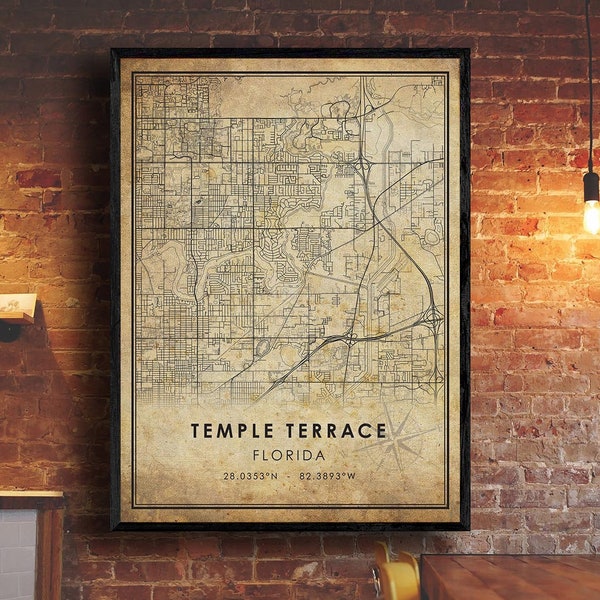 Temple Terrace Map Print | Temple Terrace Map | Florida Map Art | Temple Terrace City Road Map Poster | Vintage Gift Map