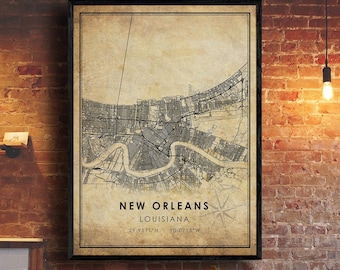 New Orleans Vintage Map Print | New Orleans Map | Louisiana Map Art | New Orleans City Road Map Poster | Vintage