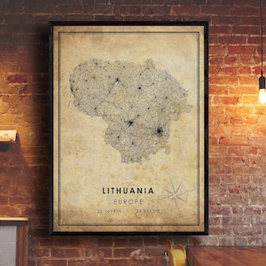 May include: A vintage-style map of Lithuania, Europe, with a black and white line art design. The map is on a beige background with a compass rose and the coordinates 55.1694°N, 23.8813°E.